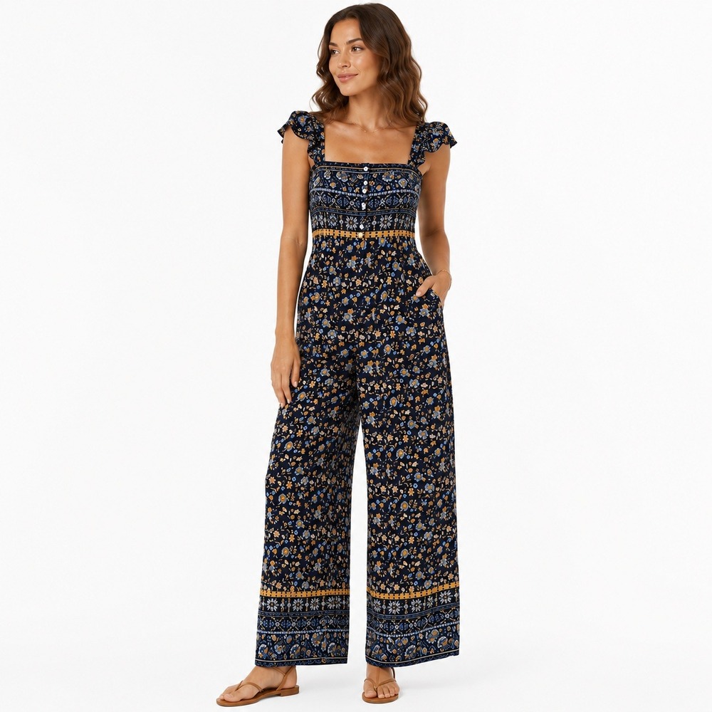 Flying Tomato Smocked Wide‎ Leg Jumpsuit Floral Boho Festival Rayon Small